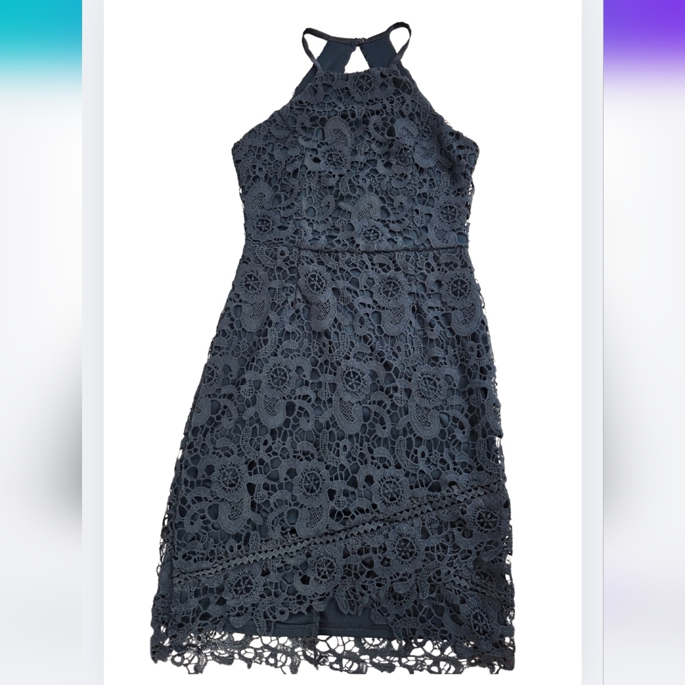 Francesca’s S Blue Halter Dress Mid Thigh Length Lined Open Back Lace H-3087